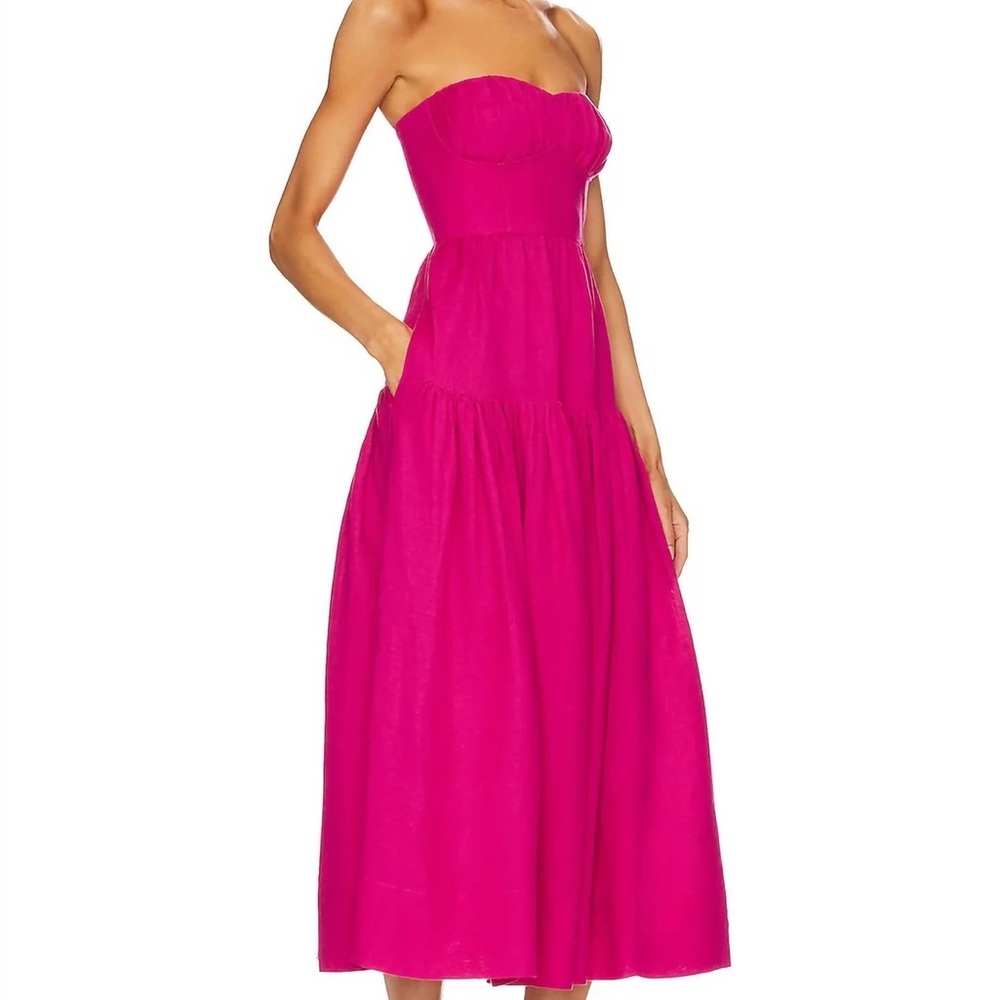 Shona Joy Joanine Strapless Hot Pink Midi Dress with Pockets